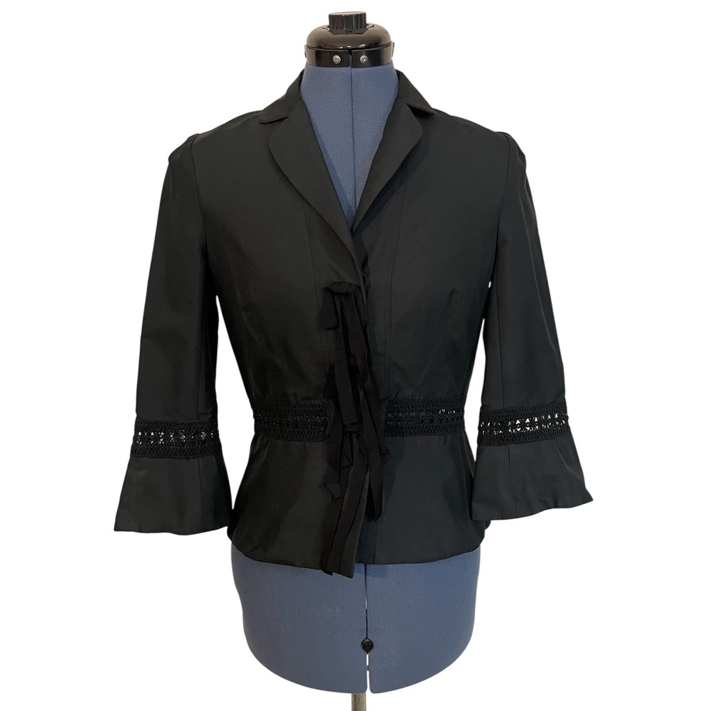 Robert Rodriguez Black Crochet Trim Bow Snap Up‎ Crop Jacket Victorian Preppy 8